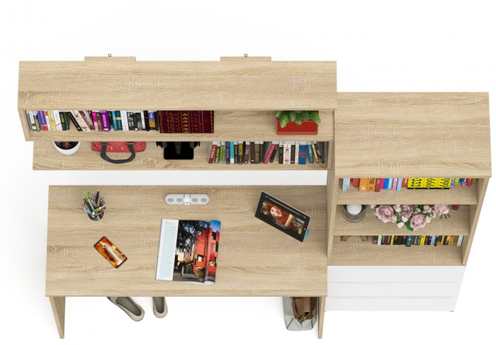 Мори Стол письменный МСП1200.1 + Стеллаж МСТ600.3 + Полка 1200, цвет дуб сонома/белый, ШхГхВ 180,8х50х209,6 см., универсальная сборка