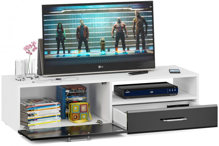 Тумба под ТВ Ларго 1,4, цвет корпус белый/фасады МДФ чёрный глянец, ШхГхВ 140х46х35 см., НЕ универсальная сборка