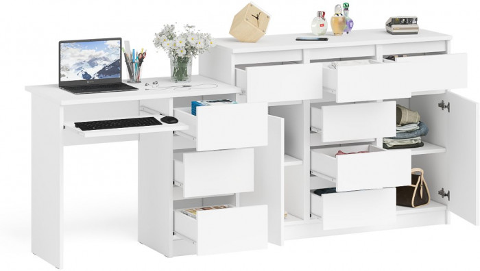 Мори Стол компьютерный МС-6 правый + Комод МК1200.4, цвет белый, ШхГхВ 210,4х50х94 см., выдвижные ящики справа, НЕ универсальная сборка