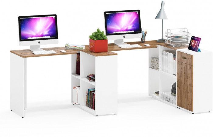 Лидер-8 Стол + Стол + Тумба МД 3.15, белый шагрень/крафт золото