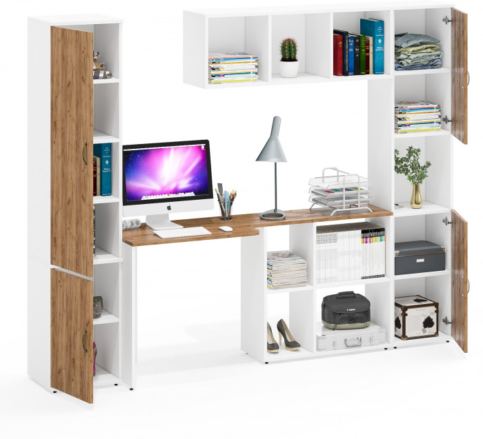 Лидер-8 Пенал МД 22Б + Стол + Полка + Пенал, цвет белый шагрень/крафт золото, ШхГхВ 245х50х75/190 или 155х120/50х75/190 см., НЕ универсальная сборка