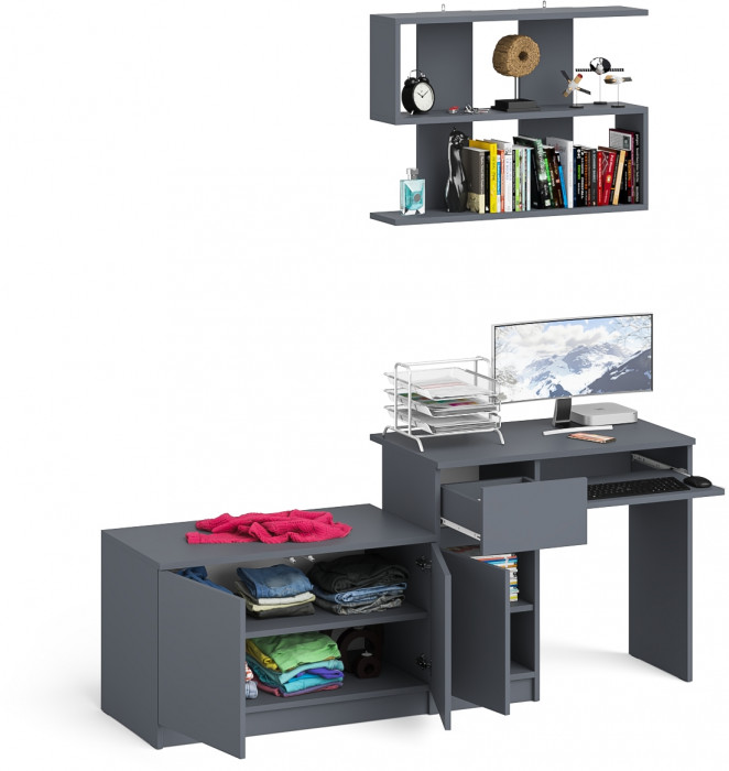 Мори Стол компьютерный МС-1 левый + Тумба МА900.1 + Полка 900, цвет графит, ШхГхВ 180,4х50,4х209,6 см., НЕ универсальная сборка