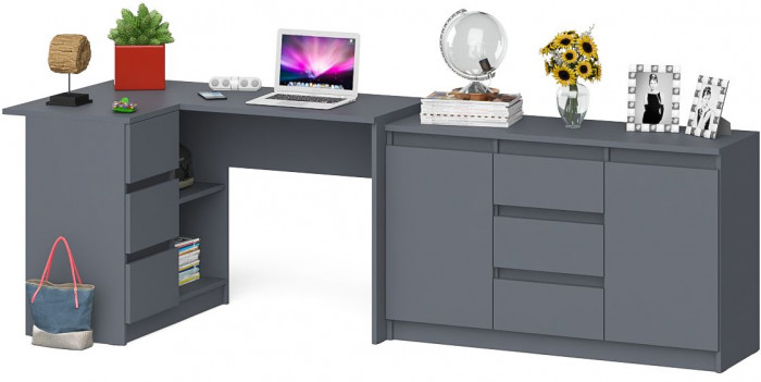 Мори Стол компьютерный МС-16 левый + Комод МК1200.3, цвет графит, ШхГхВ 244,8х84,9х76,6 см., выдвижные ящики слева, НЕ универсальная сборка