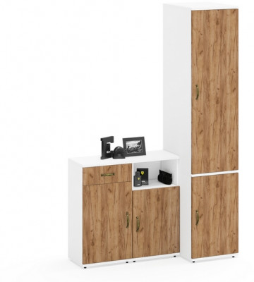 Лидер-8 Пенал МД 23Б + Тумба МД 3.15 + Тумба МД 3.19, белый шагрень/крафт золото