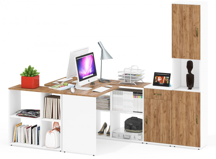 Лидер-8 Стол + Стол + Пенал + Тумба МД 3.15, белый шагрень/крафт золото