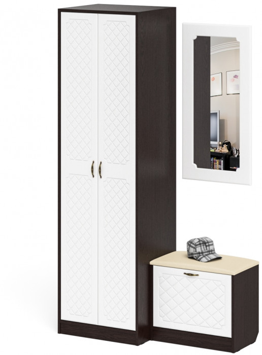 Прихожая П-6 Компоновка № 11, венге/фасады МДФ белое дерево фрезеровка ромб