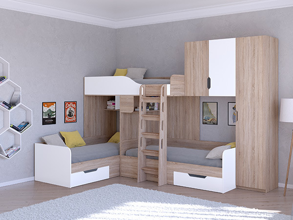 Трехместная кровать ТРИО/2 Сонома/Белый