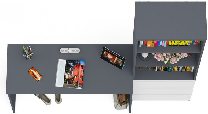 Мори Стол письменный МСП1200.1 + Стеллаж МСТ600.3, цвет графит/белый, ШхГхВ 180,8х50х179,6 см., универсальная сборка