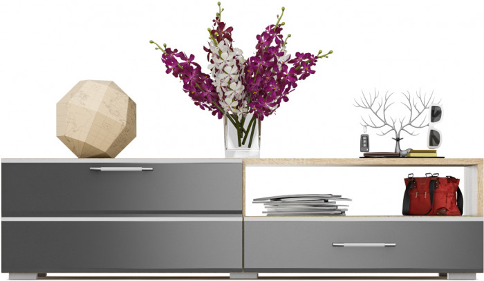 Тумба под ТВ Ларго 1,4, цвет корпус дуб сонома/фасады МДФ графитово-серый глянец, ШхГхВ 140х46х35 см., НЕ универсальная сборка