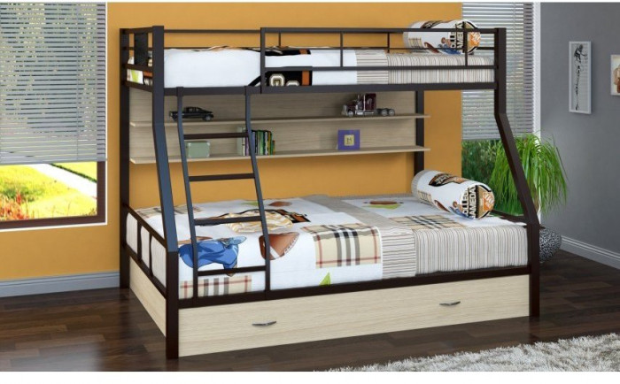 Двухъярусная кровать Гранада-1ПЯ, коричневая / Дуб (Дуб Айленд, Черный)