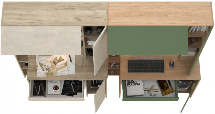 КР100 Два стола компьютерных Комфорт 12.71, цвет дуб крафт серый/шёлковый камень/гикори рокфорд натур./дымчатый зел., 233,4х60,2х165,4 см., НЕ ун. сб.