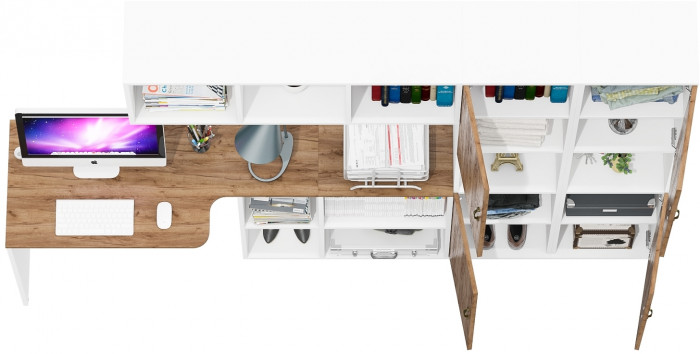 Лидер-8 Стол + Полка + Пенал + Пенал, цвет белый шагрень/крафт золото, ШхГхВ 245х50/30х75/190 или 160х115/30х75/190 см., НЕ универсальная сборка