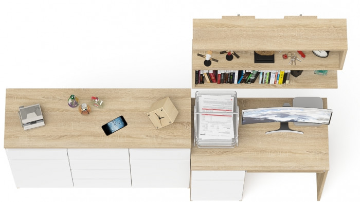 Мори Стол компьютерный МС-1 левый + Комод МК1200.4 + Полка 900, цвет дуб сонома/белый, ШхГхВ 210,4х50х209,6 см., НЕ универсальная сборка