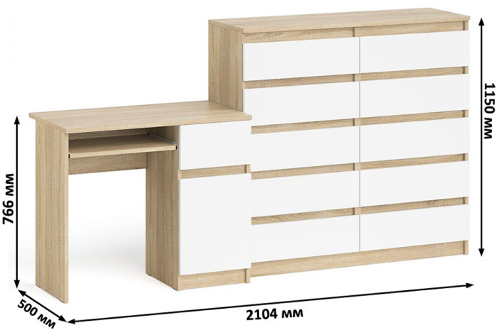 Мори Стол компьютерный МС-1 правый + Комод МК1200.10, цвет дуб сонома/белый, ШхГхВ 210,4х50х115 см., выдвижной ящик справа, НЕ универсальная сборка