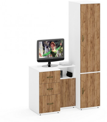 Лидер-8 Пенал МД 23Б + Тумба МД 3.16 + Тумба МД 3.19, белый шагрень/крафт золото