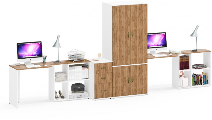 Лидер-8 Стол + Стол + Шкаф МД 19Б + Тумба МД 3.16, белый шагрень/крафт золото