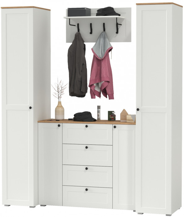 Остин Прихожая 33, цвет белый шагрень/дуб крафт золотой, ШхГхВ 200х54,3х229,6 см., универсальная сборка