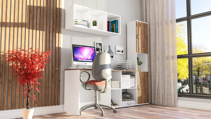 Лидер-8 Стол + Полка + Пенал, цвет белый шагрень/крафт золото, ШхГхВ 205х50/30х75/190 или 115х50/120х75/190 см., НЕ универсальная сборка