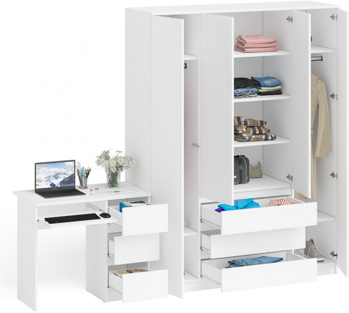 Мори Стол компьютерный МС-6 правый + Шкаф МШ1600.1, цвет белый, ШхГхВ 250,4х50,4х209,6 см., выдвижные ящики справа, НЕ универсальная сборка