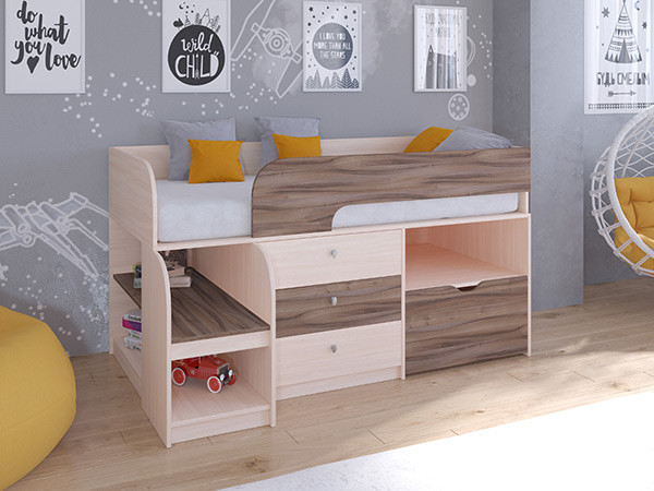 Кровать чердак Астра 9 V5 Дуб молочный/Орех