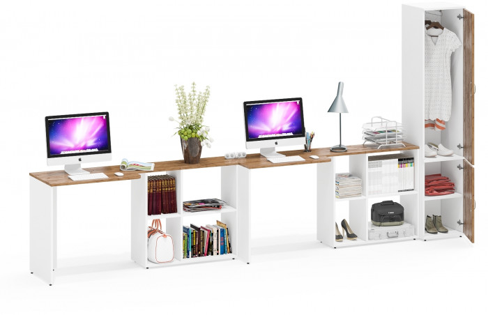 Лидер-8 Стол + Стол + Пенал МД 21Б, белый шагрень/крафт золото