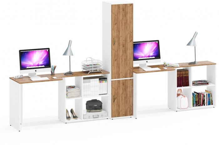 Лидер-8 Стол + Стол + Пенал МД 21Б, белый шагрень/крафт золото