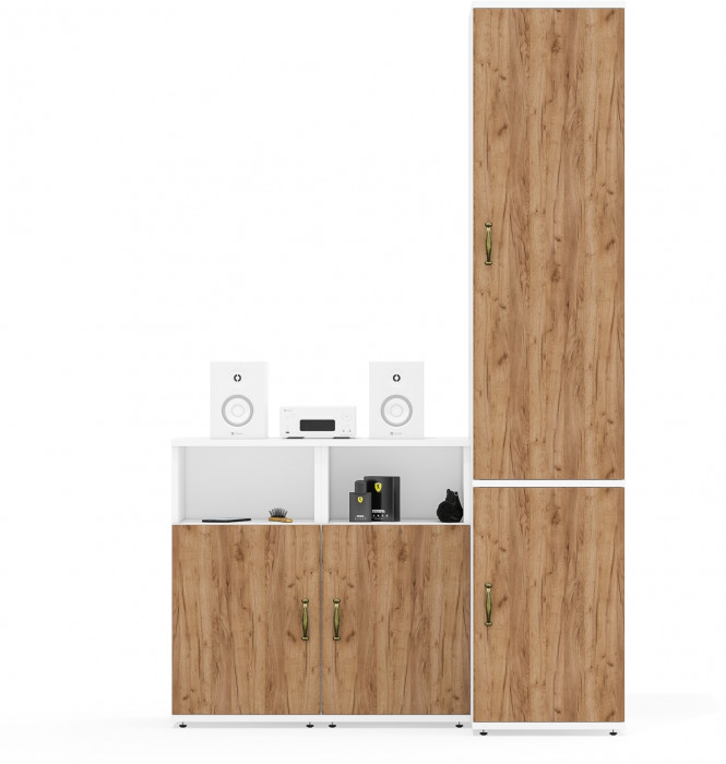 Лидер-8 Пенал МД 23Б + Тумба МД 3.19 + Тумба МД 3.19, белый шагрень/крафт золото