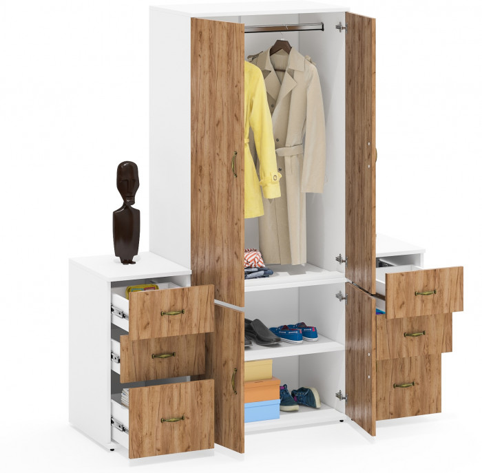 Лидер-8 Шкаф МД 19Б + Тумба МД 3.16 + Тумба МД 3.16, цвет белый шагрень/крафт золото, ШхГхВ 160х50х190 см., универсальная сборка