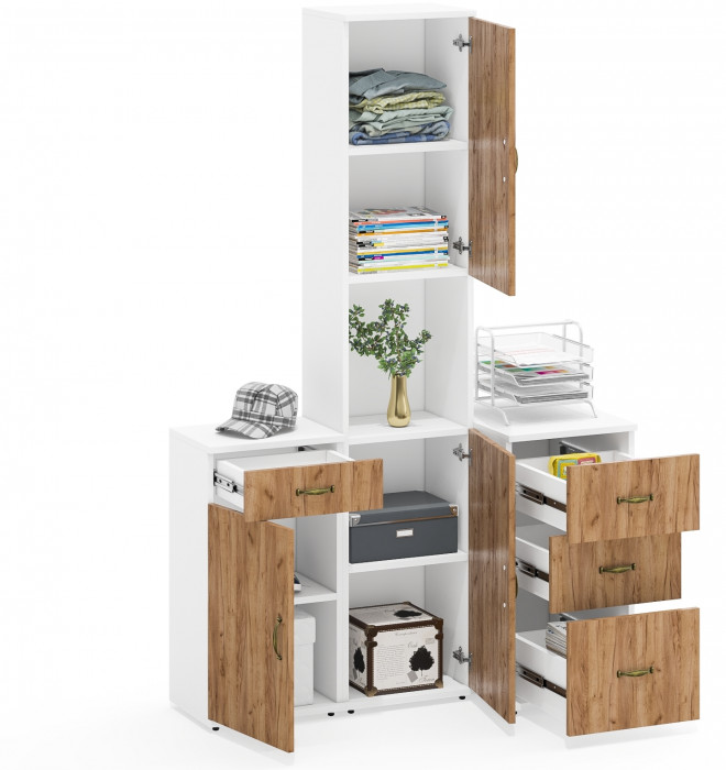 Лидер-8 Пенал + Тумба МД 3.15 + Тумба МД 3.16, белый шагрень/крафт золото