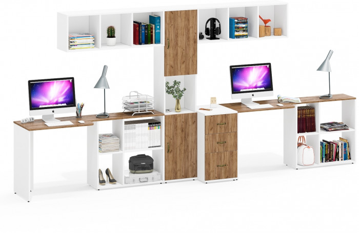 Лидер-8 Стол + Полка + Стол + Полка + Пенал + Тумба МД 3.16, цвет белый шагрень/крафт золото, 410х50/30х75/190 или 270х120/50х75/190 см., НЕ ун. сб.