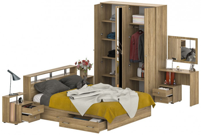 Камелия спальня № 9 Кровать с ящиками 1600 + Две тумбы + Стол космет. + Зеркало + Шкаф 4-х, цвет дуб сонома, сп.м. 1600х2000 мм., б/м, осн. есть