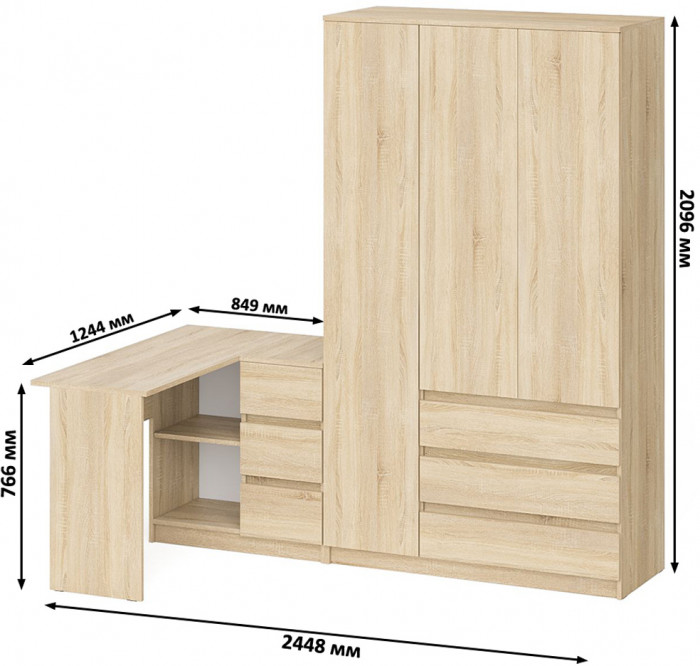 Мори Стол компьютерный МС-16 правый + Шкаф МШ1200.1, цвет дуб сонома, ШхГхВ 244,8х84,9х209,6 см., выдвижные ящики справа, НЕ универсальная сборка