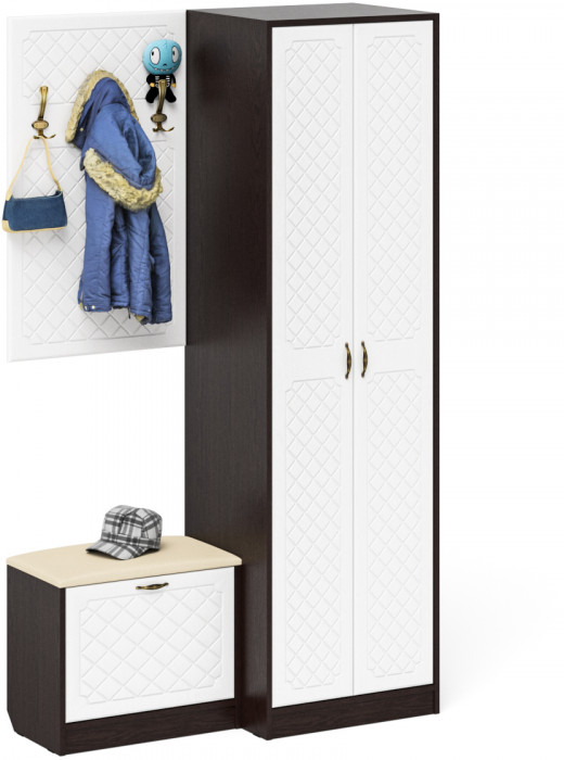 Прихожая П-6 Компоновка № 12, венге/фасады МДФ белое дерево фрезеровка ромб