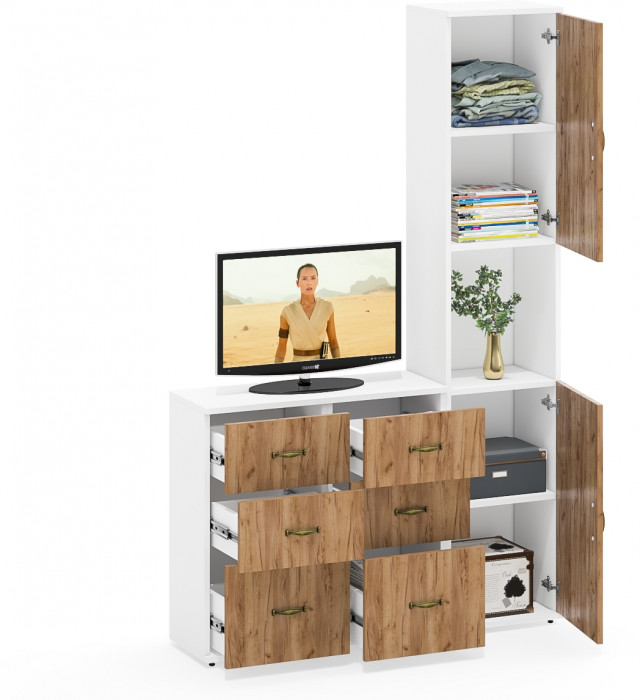 Лидер-8 Пенал + Тумба МД 3.16 + Тумба МД 3.16, белый шагрень/крафт золото