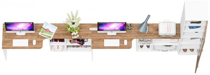 Лидер-8 Стол + Стол + Пенал МД 22Б, белый шагрень/крафт золото