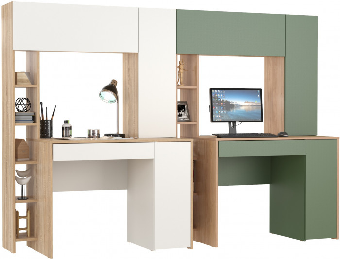 КР100 Два стола компьютерных Комфорт 12.71, цвет дуб сонома/белый/гикори рокфорд натуральный/дымчатый зелёный, ШхГхВ 233,4х60,2х165,4 см., НЕ ун. сб.