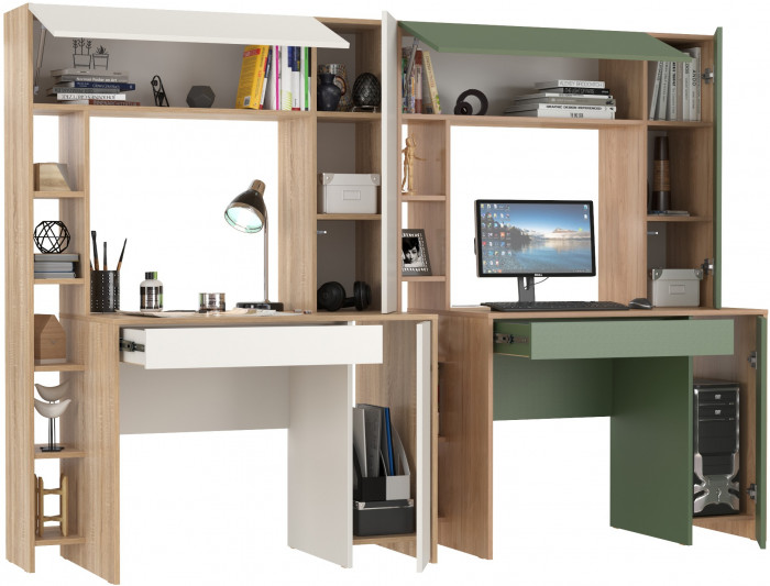 КР100 Два стола компьютерных Комфорт 12.71, цвет дуб сонома/белый/гикори рокфорд натуральный/дымчатый зелёный, ШхГхВ 233,4х60,2х165,4 см., НЕ ун. сб.