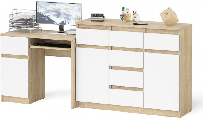 Мори Стол компьютерный МС-1 левый + Комод МК1200.4, цвет дуб сонома/белый, ШхГхВ 210,4х50х94 см., выдвижной ящик слева, НЕ универсальная сборка