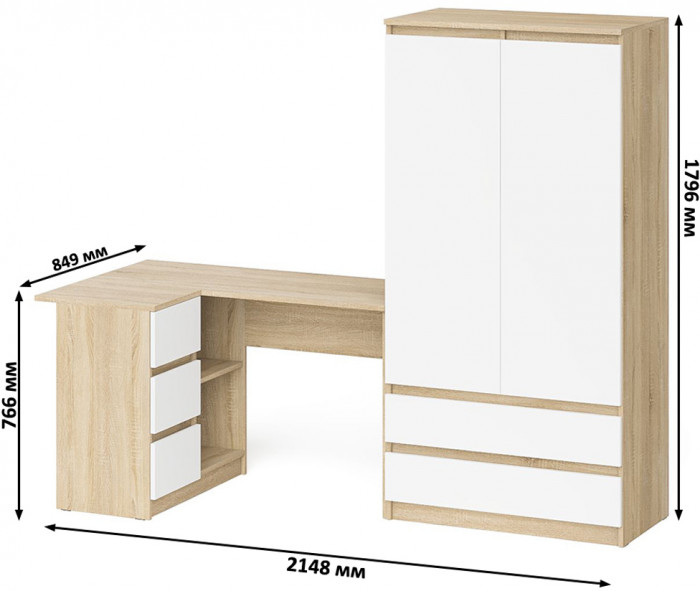 Мори Стол компьютерный МС-16 левый + Шкаф МШ900.1, цвет дуб сонома/белый, ШхГхВ 214,8х84,9х179,6 см., выдвижные ящики слева, НЕ универсальная сборка