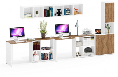 Лидер-8 Стол + Полка + Стол + Полка + Пенал + Тумба МД 3.15, цвет белый шагрень/крафт золото, 410х50/30х75/190 или 230х50/160х75/190 см., НЕ ун. сб.