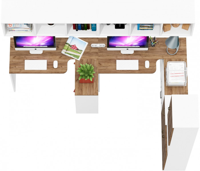 Лидер-8 Стол + Полка + Стол + Полка + Пенал + Тумба МД 3.15, цвет белый шагрень/крафт золото, 410х50/30х75/190 или 230х50/160х75/190 см., НЕ ун. сб.