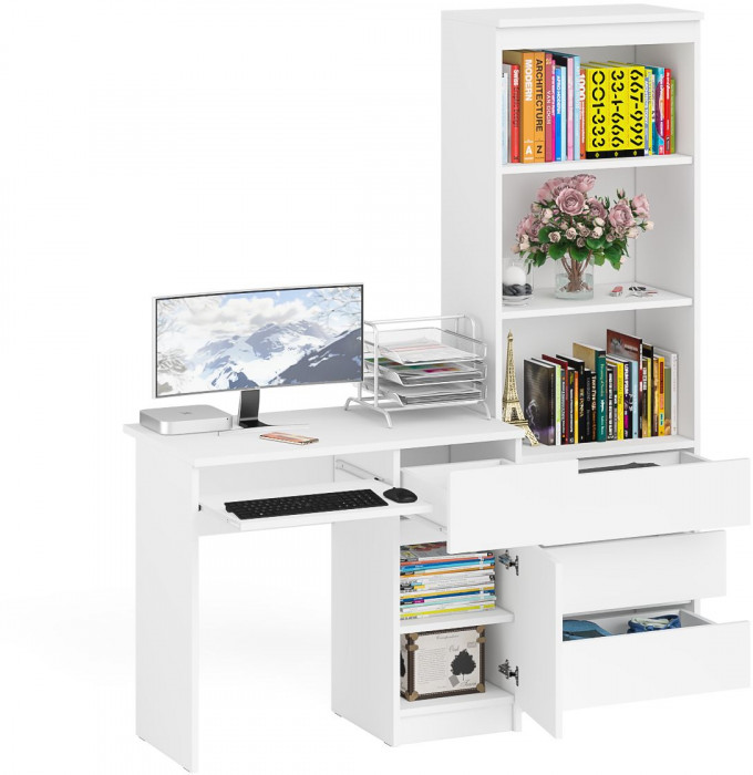 Мори Стол компьютерный МС-1 правый + Стеллаж МСТ600.3, цвет белый, ШхГхВ 150,4х50х179,6 см., выдвижной ящик справа, НЕ универсальная сборка