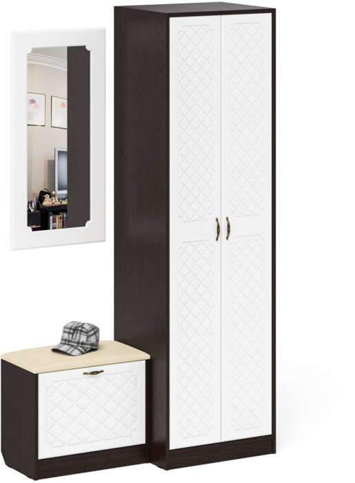 Прихожая П-6 Компоновка № 11, цвет венге/фасады МДФ белое дерево фрезеровка ромб, ШхГхВ 120х50х210 см., универсальная сборка