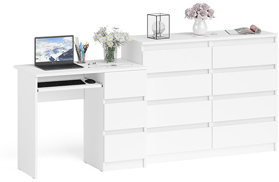 Мори Стол компьютерный МС-6 правый + Комод МК1200.8, цвет белый, ШхГхВ 210,4х50х94 см., выдвижные ящики справа, НЕ универсальная сборка