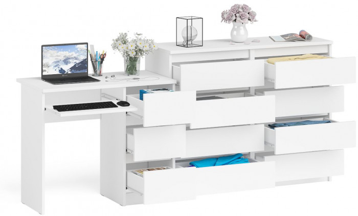 Мори Стол компьютерный МС-6 правый + Комод МК1200.8, цвет белый, ШхГхВ 210,4х50х94 см., выдвижные ящики справа, НЕ универсальная сборка