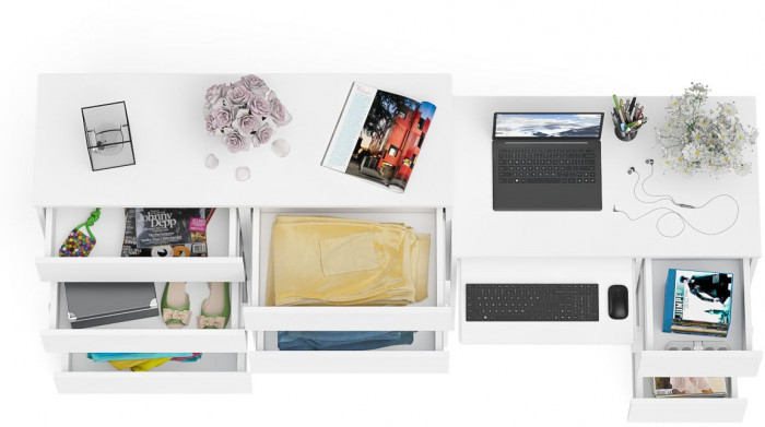 Мори Стол компьютерный МС-6 правый + Комод МК1200.8, цвет белый, ШхГхВ 210,4х50х94 см., выдвижные ящики справа, НЕ универсальная сборка