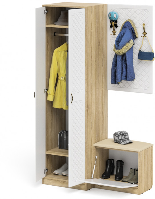 Прихожая П-6 Компоновка № 12, дуб сонома/фасады МДФ белое дерево фрезеровка ромб