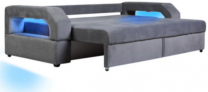 Диван-еврокнижка Манчестер, пружинный блок, 160х195, подсветка, велюр серый