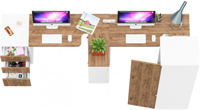 Лидер-8 Стол + Стол + Пенал МД 23Б + Тумба МД 3.16, белый шагрень/крафт золото