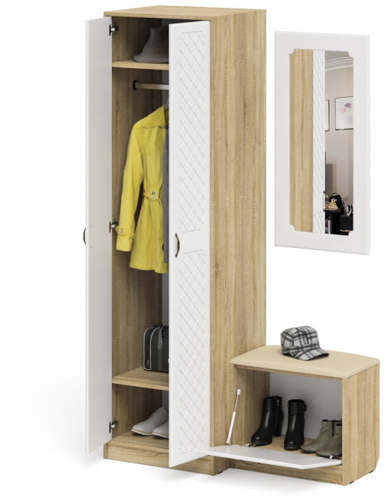 Прихожая П-6 Компоновка № 11, цвет дуб сонома/фасады МДФ белое дерево фрезеровка ромб, ШхГхВ 120х50х210 см., универсальная сборка